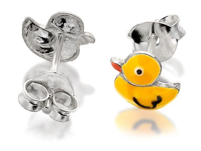 Silver Yellow Enamel Duck Stud Earrings - 7mm - F.Hinds