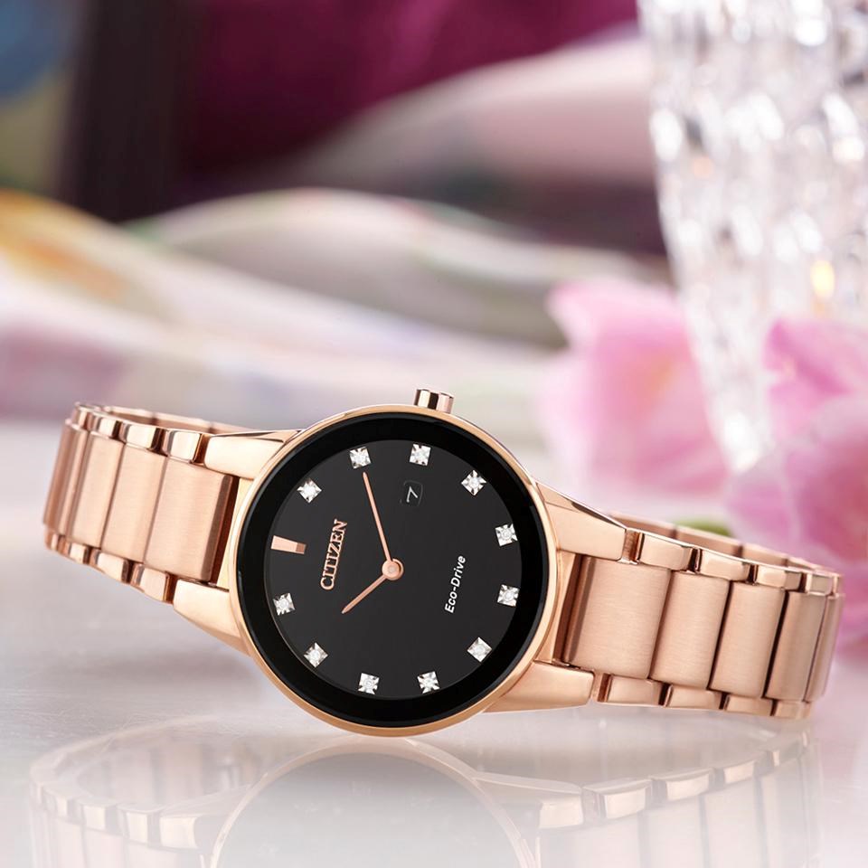 未使用 Citizen Eco-Drive GA1058-59Q Gold Ladies Citizen GA1058-59Q Axiom Eco-Drive Black Diamond Dial