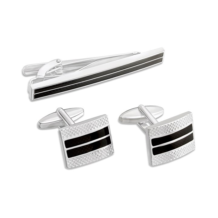 Joseph & George Black Striped Cufflinks And Tie Slide Set - A3007