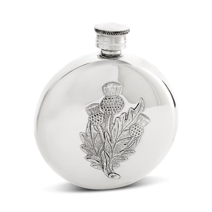 Pewter Oval Flask With Thistle Motif - A3151