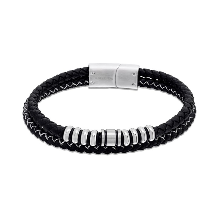 Joseph & George Black Leather and Stainless Steel Bracelet - A3444