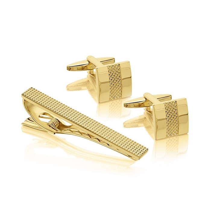Gold Tone Textured Surface Swivel Cufflink And Tie Slide Gift Set - A4583
