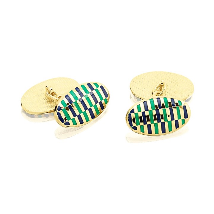 Gold Tone Green And Navy Enamel Chain Link Cufflinks - A53171