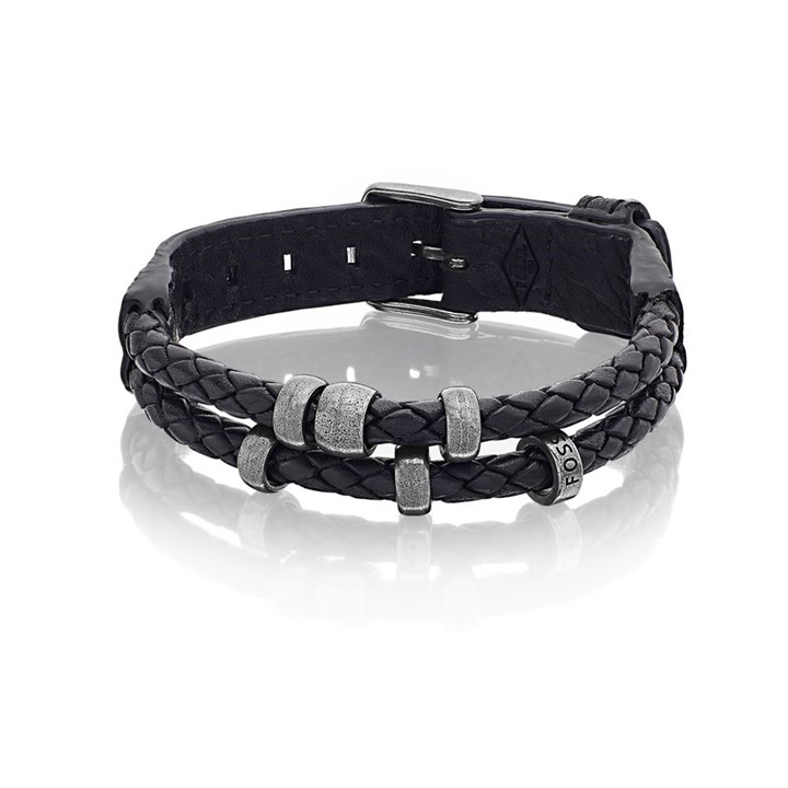 Fossil JF85460040 Black Leather And Antique Steel Bracelet - A9721