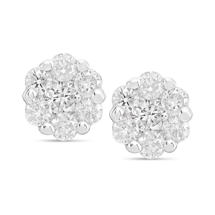9ct White Gold Diamond Cluster Stud Earrings, 1ct/pr - D5556
