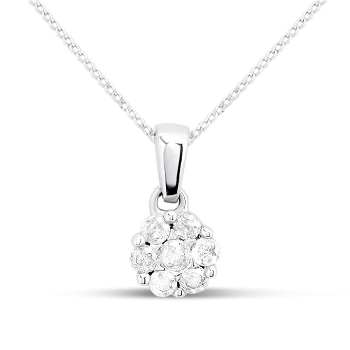 9ct White Gold Diamond Cluster Necklace, 15pts - D56167