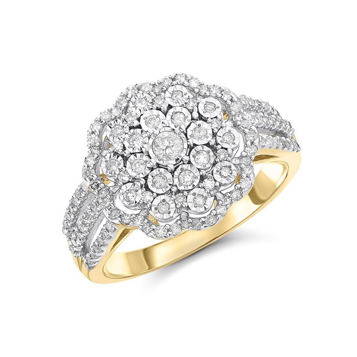 9ct Gold Diamond Flower Cluster Band Ring - 1/2ct - D6076
