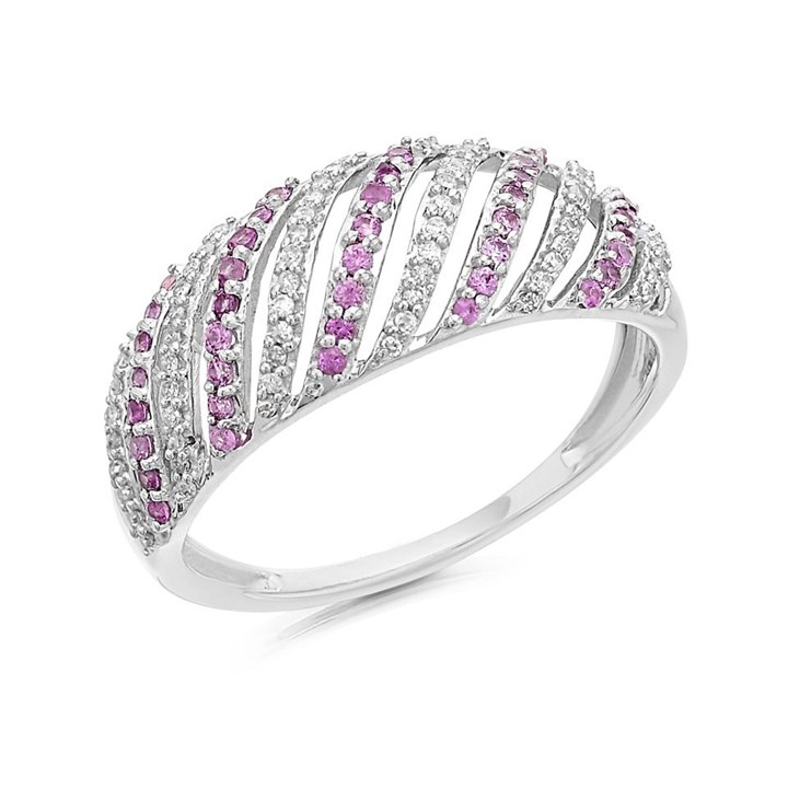 9ct White Gold Diamond And Pink Sapphire Band Ring - 10pts - D63129