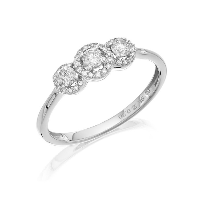 9ct White Gold Diamond Trilogy Halo Cluster Ring - 30pts - D63137