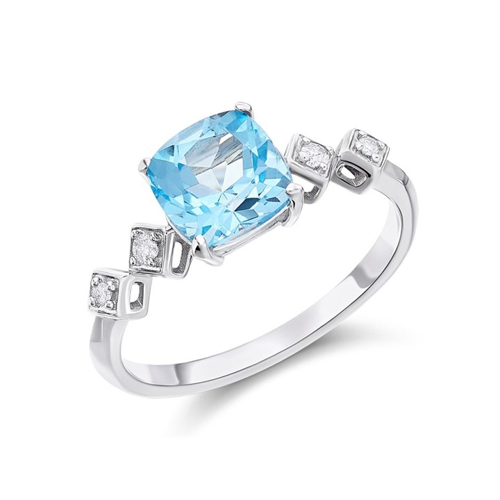 9ct White Gold Cushion Blue Topaz And Diamond Ring - 5pts - D63145