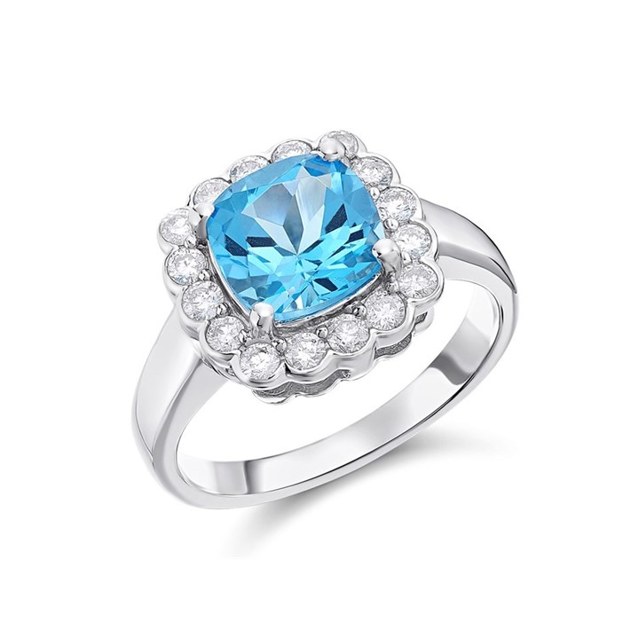 9ct White Gold Cushion Blue Topaz And Diamond Cluster Ring - 1/2ct - D63146