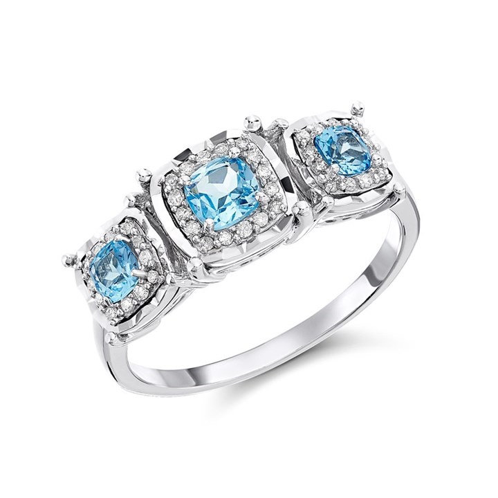 9ct White Gold Blue Topaz  And Diamond Trilogy Cluster Ring - 15pts - D63147