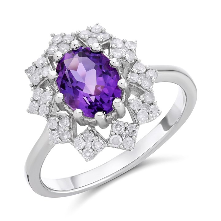 9ct White Gold Amethyst And Diamond Cluster Ring - 1/3ct - D63166