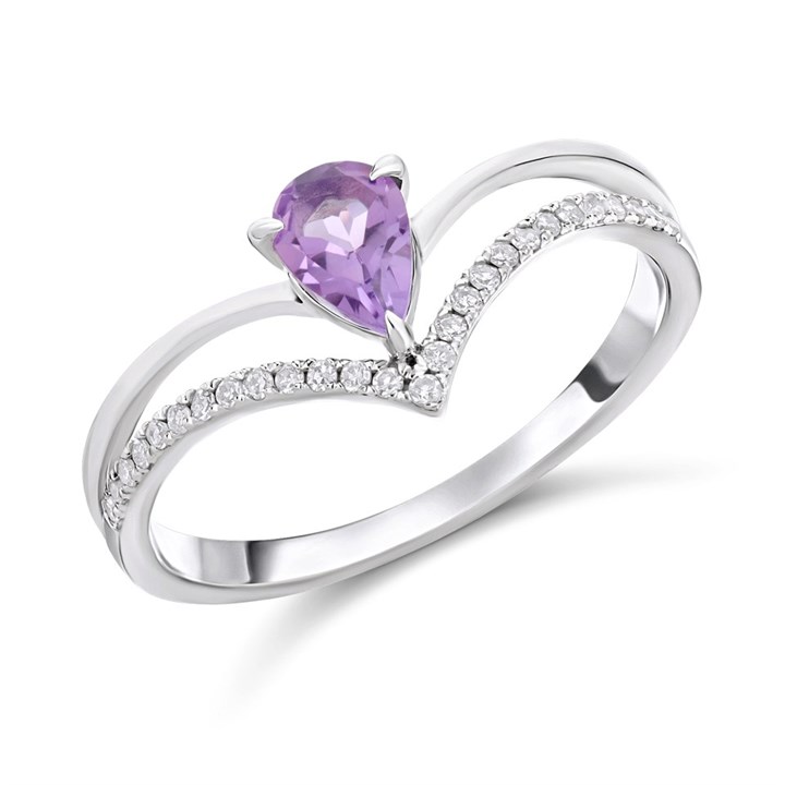 9ct White Gold Pear Amethyst And Diamond Wishbone Ring - D63187
