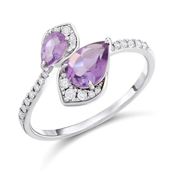 9ct White Gold Pear Amethyst And Diamond Crossover Ring - D63189