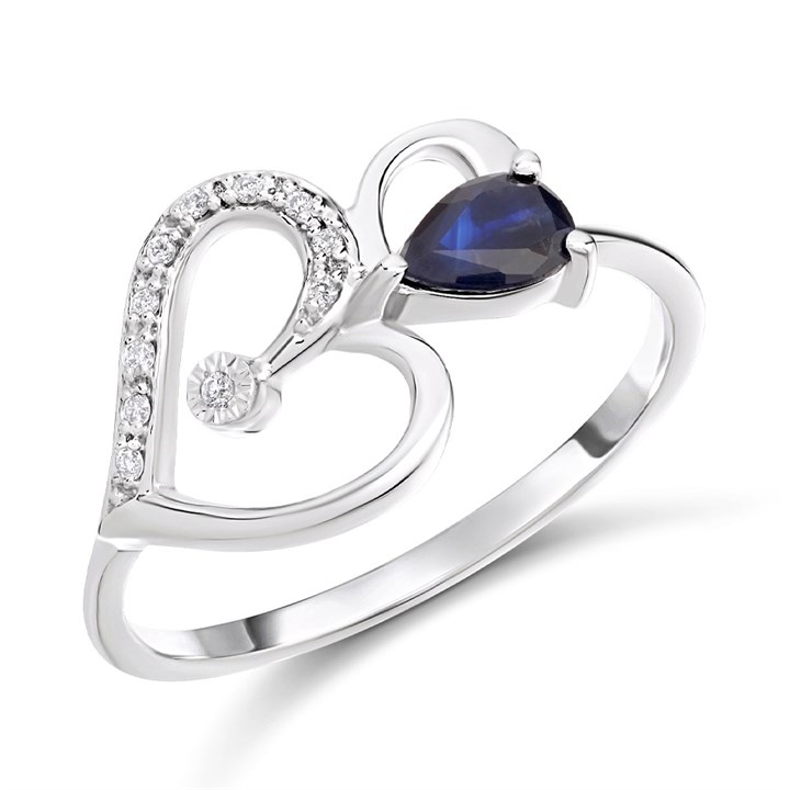 9ct White Gold Heart And Pear-Shaped Sapphire And Diamond Ring - D63190