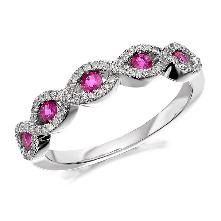 9ct White Gold Ruby And Diamond Double Plait Ring - 17pts - D6353