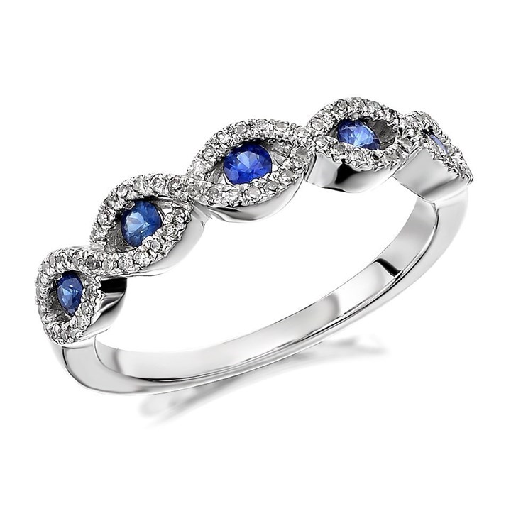 9ct White Gold Sapphire And Diamond Double Plait Ring - 17pts - D6359