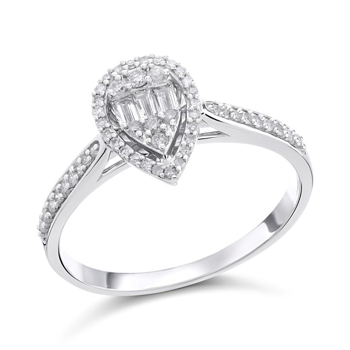 9ct White Gold Diamond Pear Halo Cluster Ring - 1/4ct - D66151