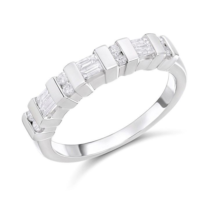 9ct White Gold Baguette And Round Brilliant Cut Diamond Half-Eternity Ring, 36pts - D72142