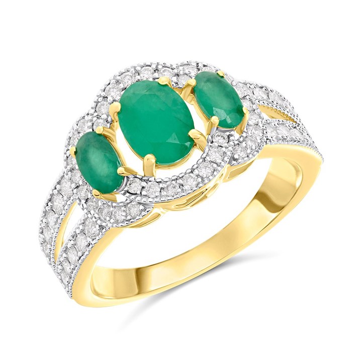 9ct Triple Emerald And Diamond Cluster Ring, 1/2ct - D7513