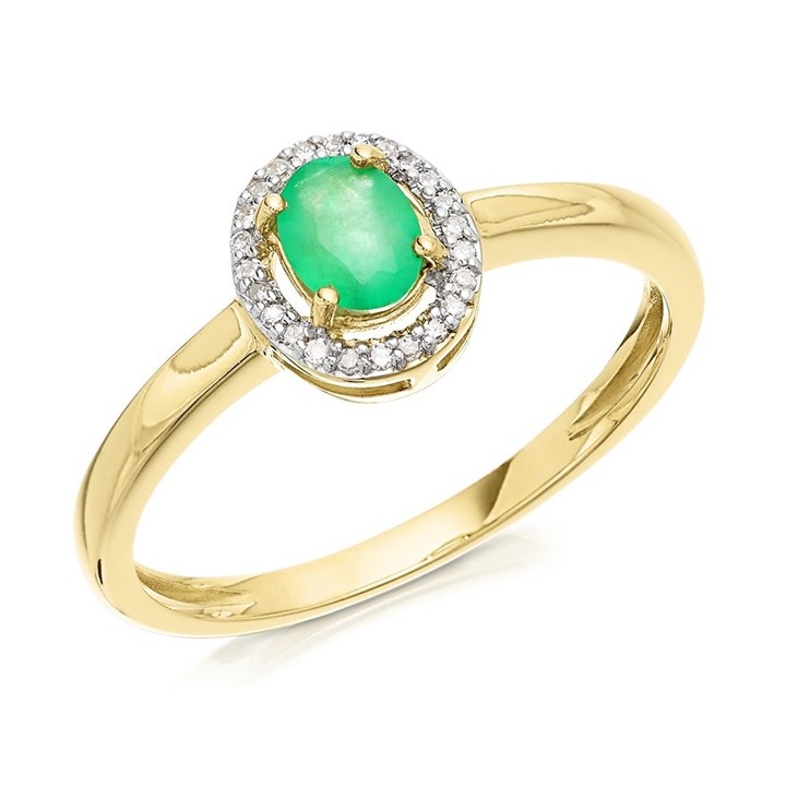 9ct Gold Oval Emerald And Diamond Cluster Ring - D7615