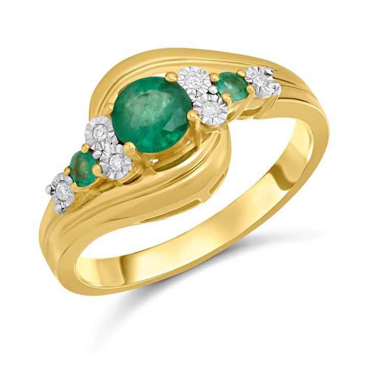 9ct Gold Emerald And Diamond Swirl Ring - D7622