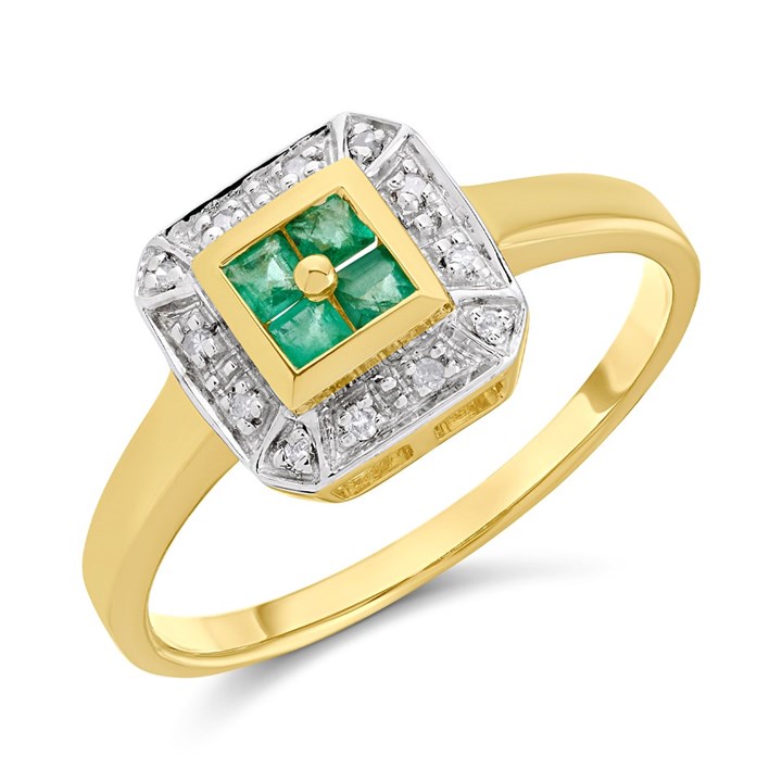 9ct Gold Emerald And Diamond Cluster Ring - D76234