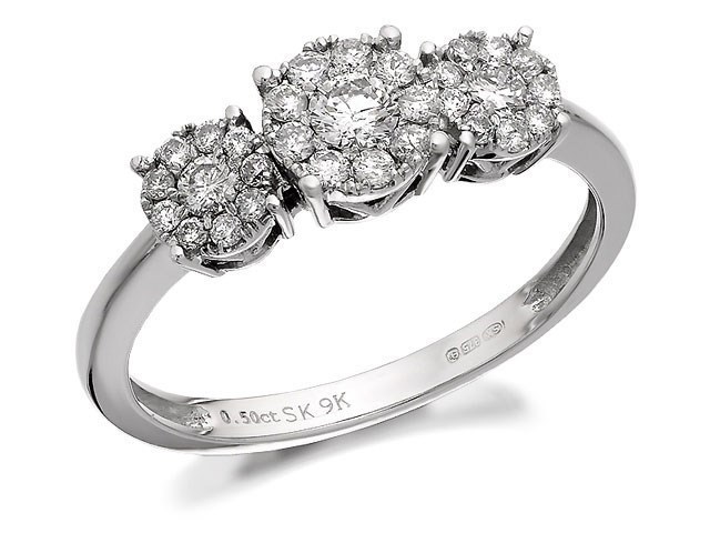 9ct White Gold Diamond Trilogy Cluster Ring - 1/2ct - D7716