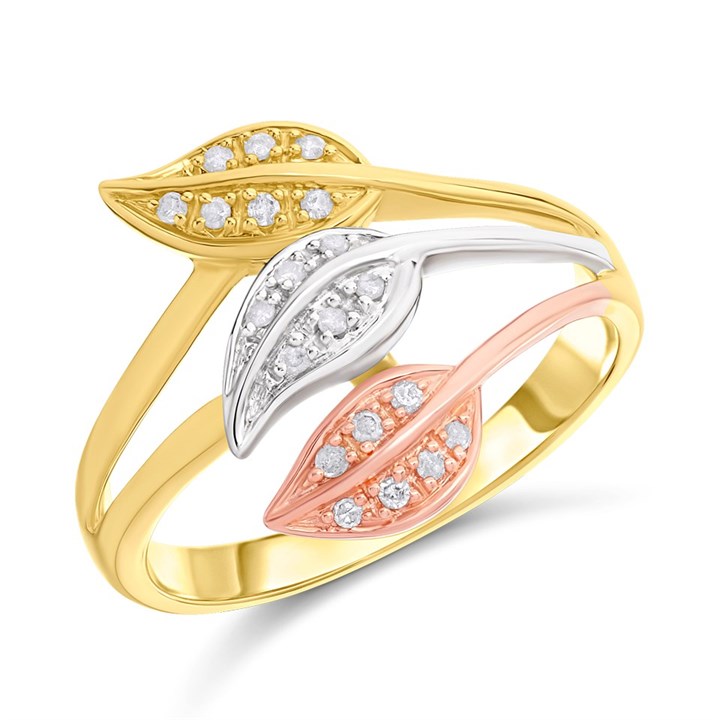 9ct Gold Three Colour Diamond Leaf Ring - D7863