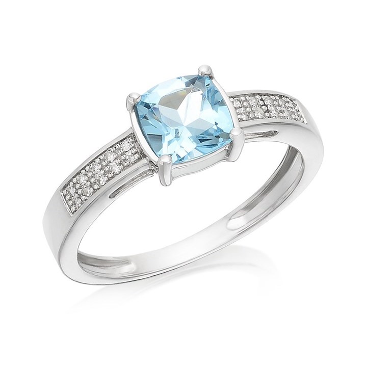 9ct White Gold Cushion Blue Topaz And Diamond Ring - EXCLUSIVE - D7928