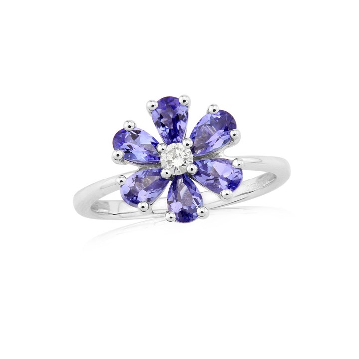 9ct White Gold Diamond And Tanzanite Flower Ring - 9pts - D7950