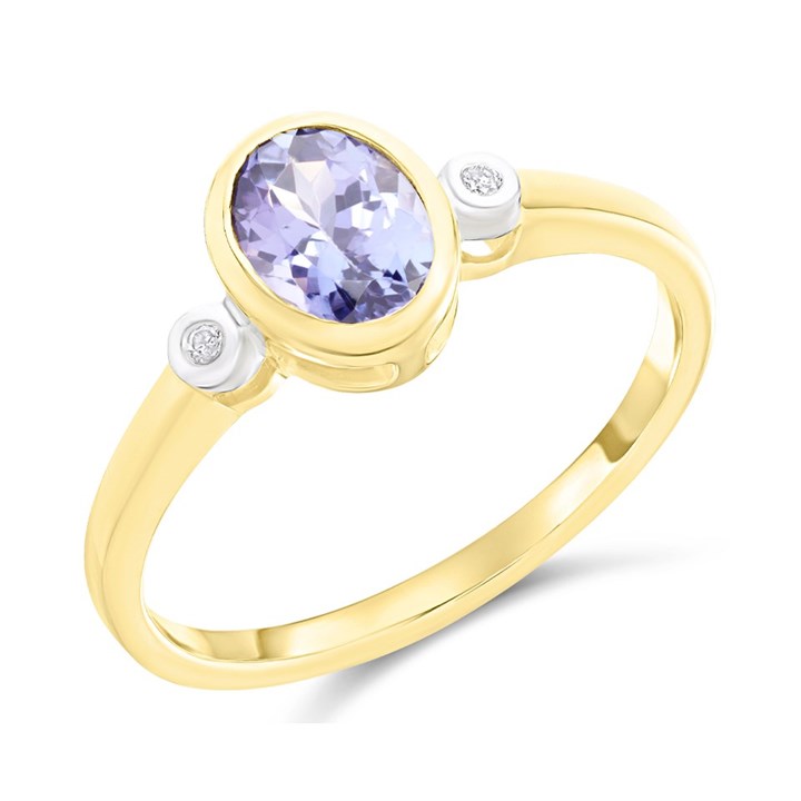 9ct Gold Rubover-Set Tanzanite And Diamond Ring - D8325