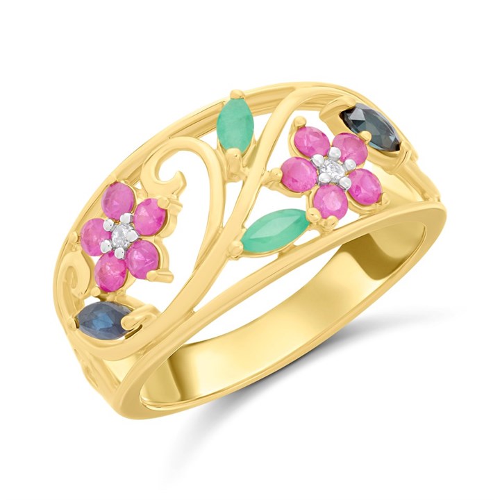 9ct Multistone (Ruby,Emerald,Sapphire And Diamond) Band Ring - D84102