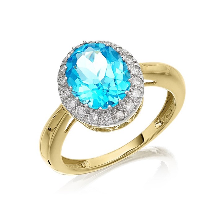 9ct Gold Oval Blue Topaz And Diamond Cluster Ring – 1/4ct - D8453