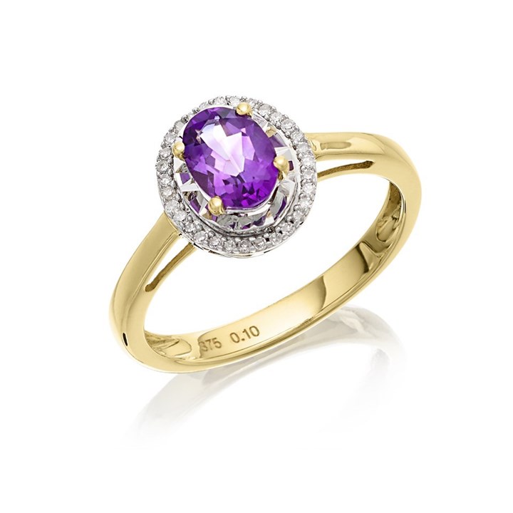 9ct Gold Oval Amethyst And Diamond Cluster Ring - 10pts - D8454