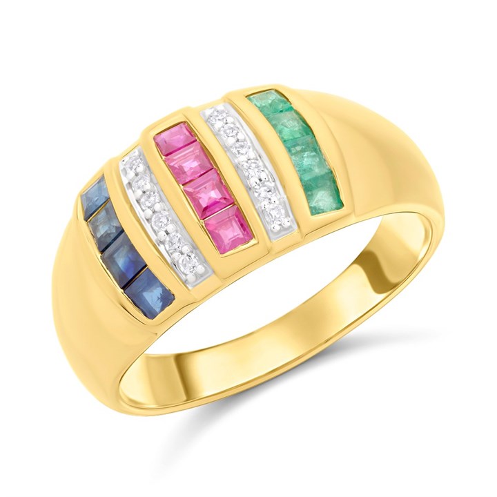 9ct Channel-Set Ruby, Emerald, Sapphire and Diamond Ring - D8499