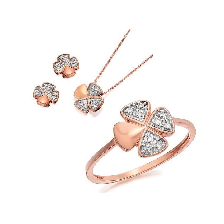 9ct Rose Gold Four Leaf Clover Ring, Earrings And Necklace Gift Set - 15pts - D8604