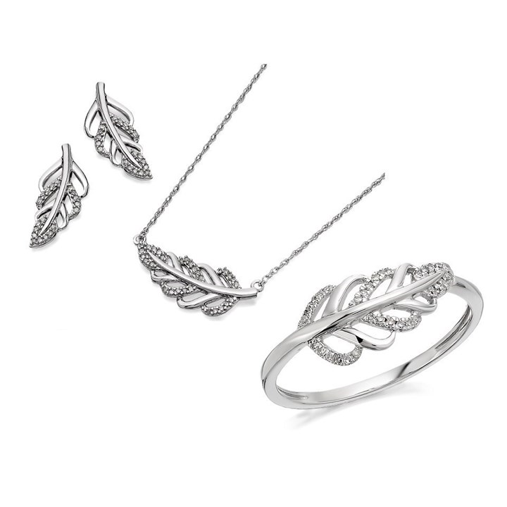 9ct White Gold Diamond Leaf Ring, Earrings And Necklace Gift Set - 20pts - D8606