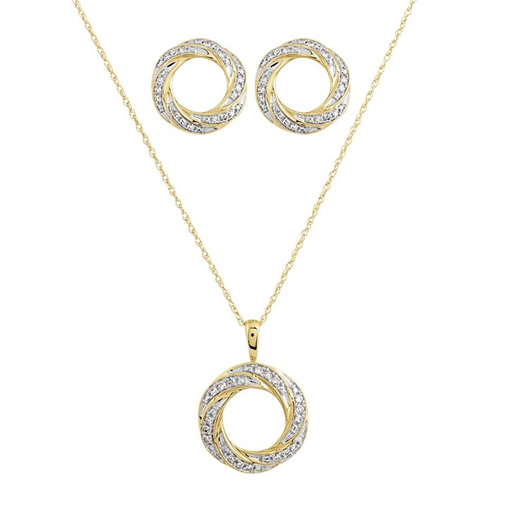9ct Gold Diamond Circle Necklace And Earrings Gift Set - 1/4ct - D8615