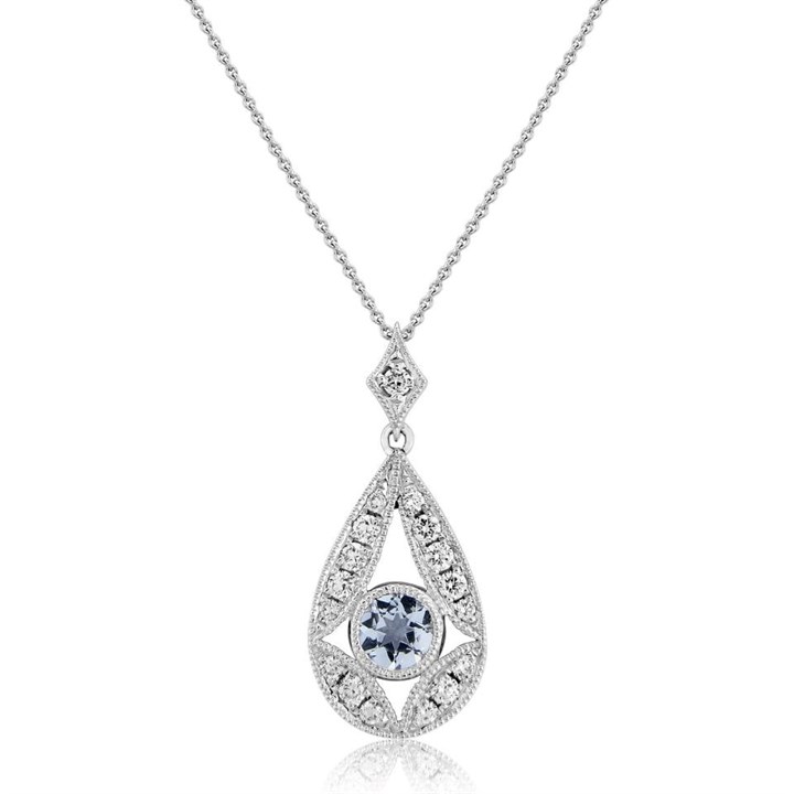 9ct White Gold Diamond And Aquamarine Necklace - 20pts - D87025