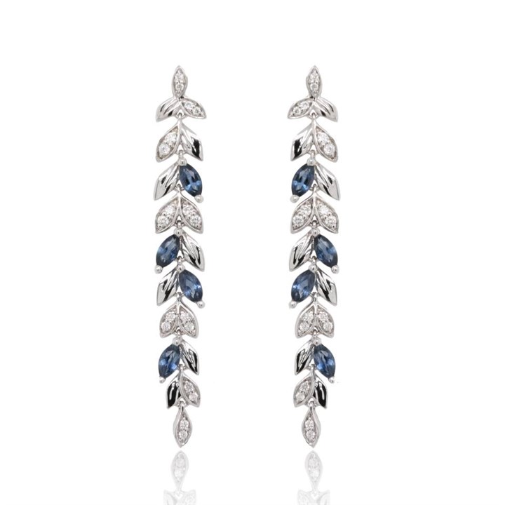 9ct White Gold Sapphire And Diamond Leaf Drop Earrings - 16pts per pair - D87030