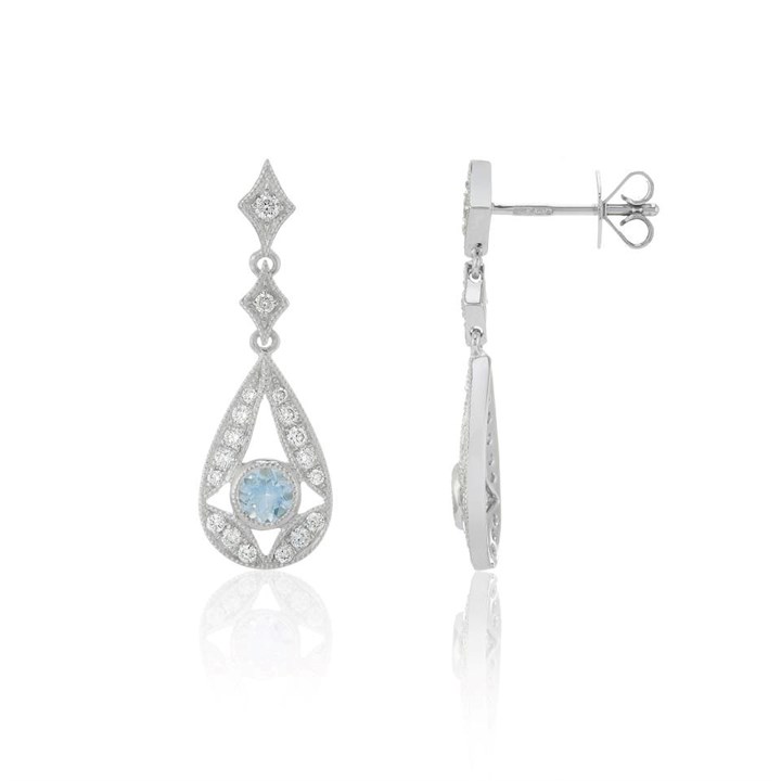 9ct White Gold Diamond And Aquamarine Drop Earrings - 32pts per pair - D87034