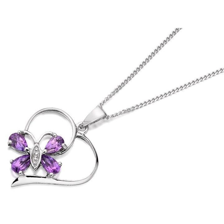 My Diamonds Silver Amethyst And Diamond Heart Butterfly Necklace - D9009