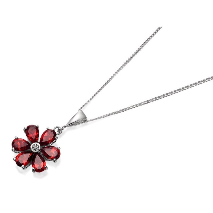 My Diamonds Silver Garnet And Diamond Flower Necklace - D9069