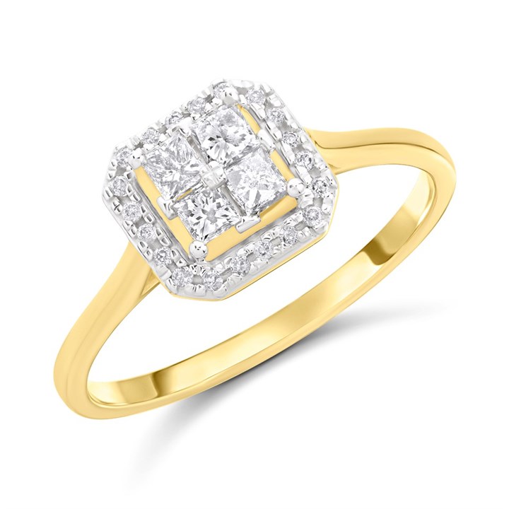 9ct Square Princess-Cut Centred Diamond Cluster Ring, 1/4ct - D92112