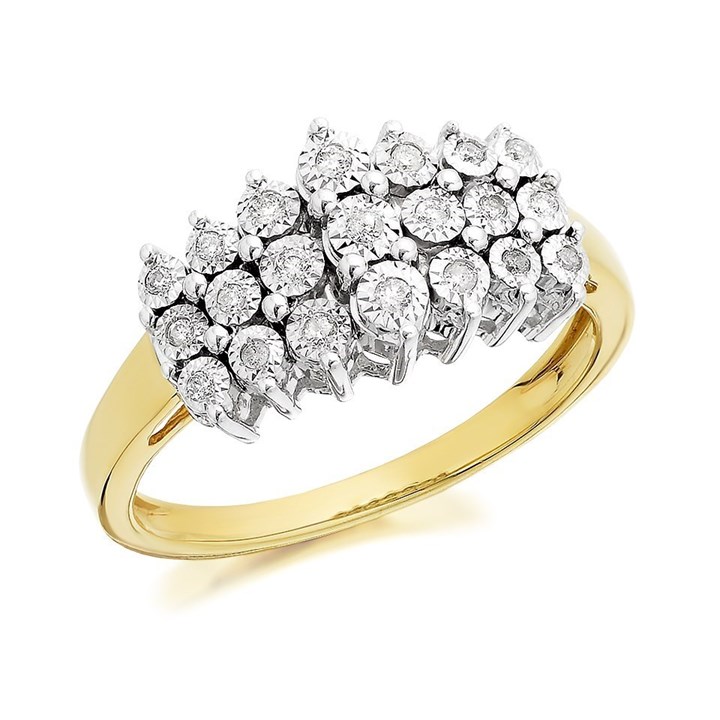 9ct Gold Diamond Three Row Band Ring - 10pts - D9211