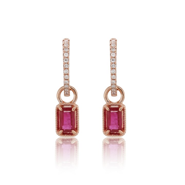 9ct Rose Gold Ruby And Diamond Hoop Drop Earrings - 10pts per pair - D94108