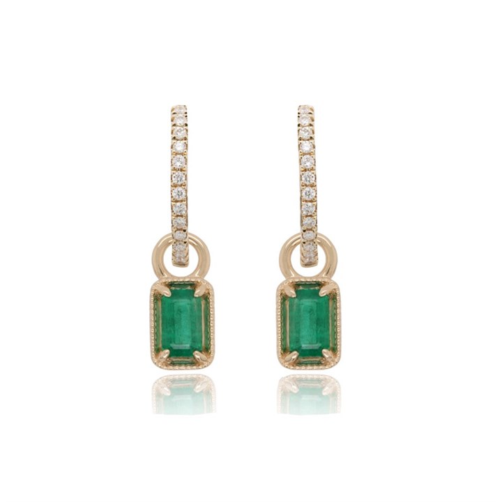 9ct Gold Emerald And Diamond Hoop Drop Earrings - 10pts per pair - D94110