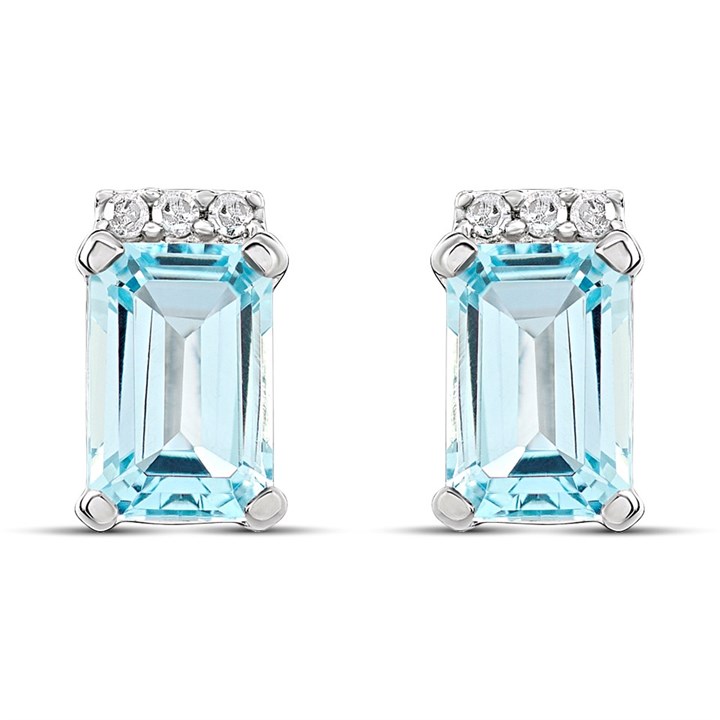 9ct White Gold Rectangular Blue Topaz And Diamond Stud Earrings - D94129